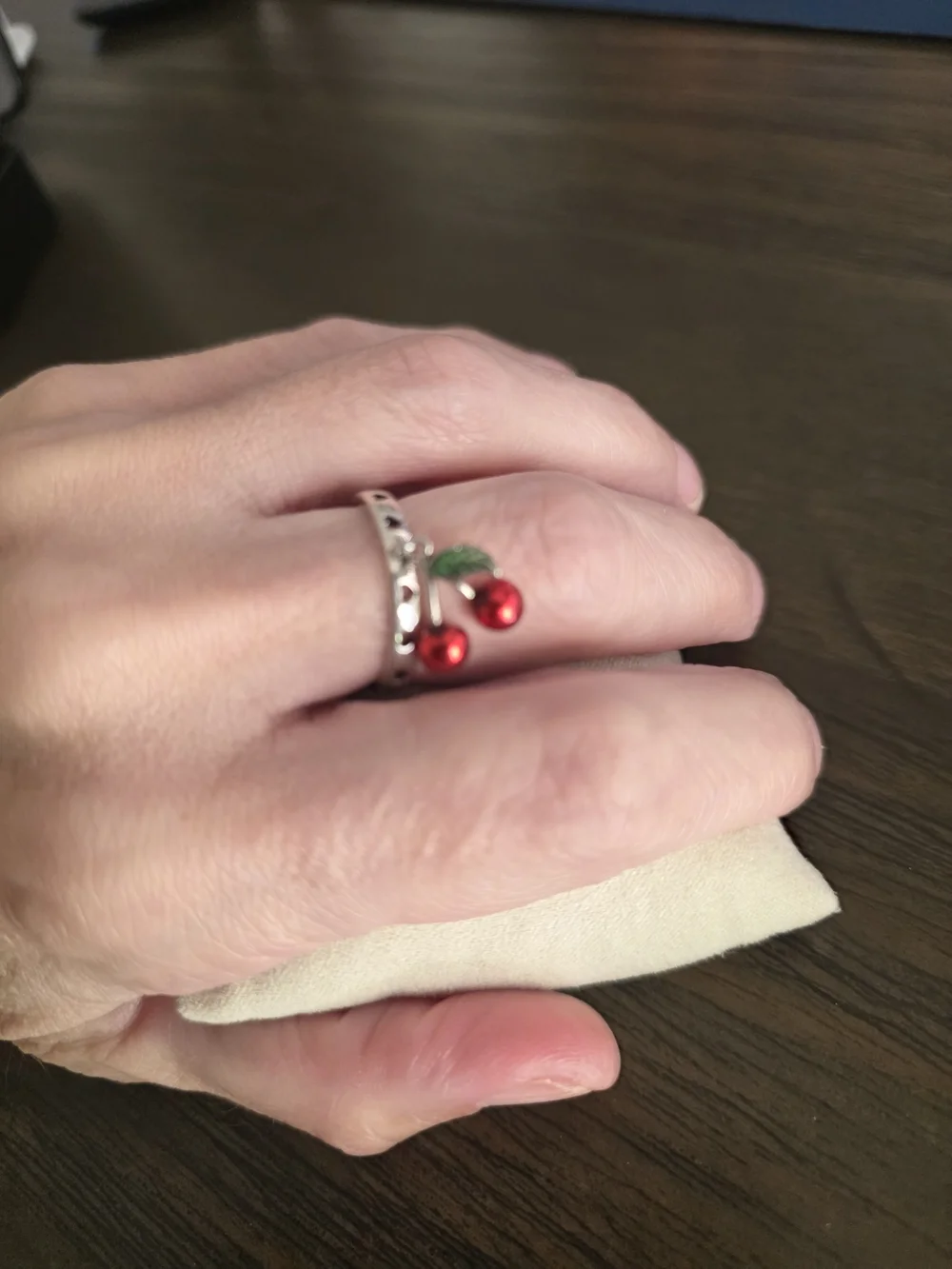 Silver Cherry Charm Ring - Red Cherry Accent